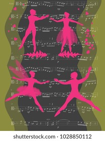 Romantic dance. Pink silhouettes of magic ballet dancers on musical background. Vector card. 