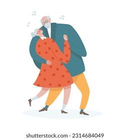 Romantic dance of senior couple. Flat Cartoon elderly couple dancing to music. Funny grandmother and grandfather on retirement. Curte older dancers in dance club. Vector hand drawn illustration.