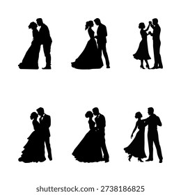 Romantic Dancing Couple Silhouette Vector Set, Wedding and Ballroom Dance Illustration Collection