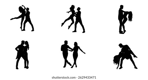 Romantic dancing couple vector set featuring elegant silhouettes in various poses. Perfect for wedding, Valentine, love-themed designs, posters, prints, and digital art projects.