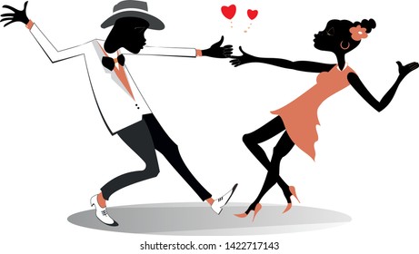 Romantic dancing young African couple isolated illustration. Fun dancing young African man and woman and heart symbols isolated on white illustration
