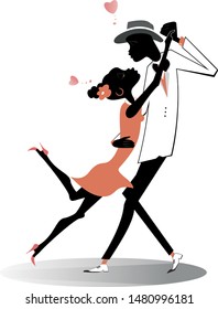 Romantic dancing young African couple isolated illustration. Dancing young African man and woman and heart symbols isolated on white illustration
