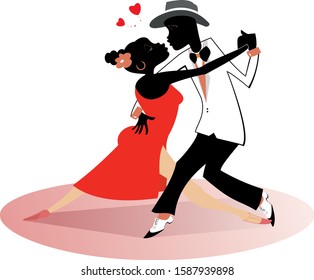 Romantic dancing young African couple isolated illustration. Romantic dancing young African man and woman and heart symbols isolated on white illustration
