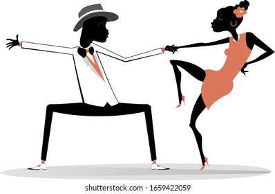 Romantic dancing young African couple isolated illustration. Funny dancing young African man and woman isolated on white illustration
