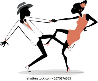 Romantic dancing young African couple isolated illustration. Funny dancing young African man and woman isolated on white illustration
