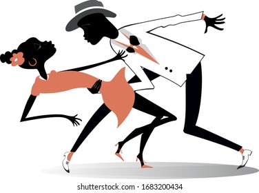 Romantic dancing young African couple isolated illustration . Funny dancing young African man and woman isolated on white illustration
