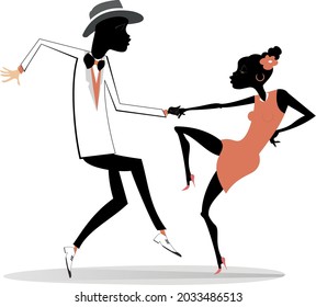 Romantic dancing young African couple illustration. 
Funny dancing young African man and woman isolated on white
