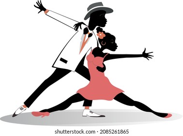 Romantic dancing young African couple isolated illustration. 
Funny dancing young African man and woman isolated on white
