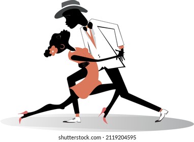 Romantic dancing young African couple illustration. 
Funny dancing young African man and woman isolated on white background
