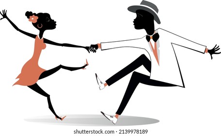 Romantic dancing young African couple illustration. Funny dancing young African man and woman isolated on white background