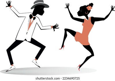 Romantic dancing young African couple illustration. Funny dancing young African man and woman. Isolated on white background