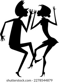 Romantic dancing young couple. Art silhouette.
Funny dancing young man and woman. Black and white
