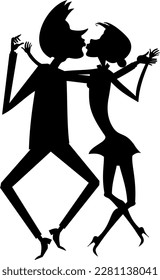 Romantic dancing young couple. Art silhouette. 
Funny dancing young man and woman. Black and white
