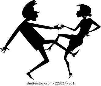 Romantic dancing young couple. Art silhouette. 
Funny dancing young man and woman. Black and white
