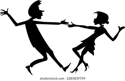 Romantic dancing young couple. Art silhouette. 
Funny dancing young man and woman. Black and white
