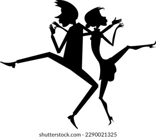 Romantic dancing young couple. Art silhouette. 
Funny dancing young man and woman. Black and white
