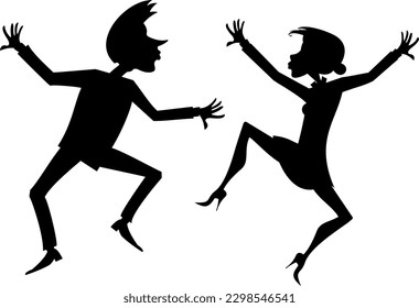 Romantic dancing young couple. Art silhouette. 
Funny dancing young man and woman. Black and white
