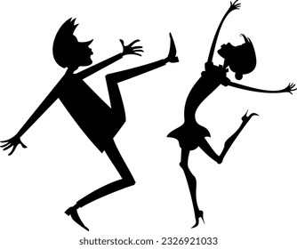 Romantic dancing young couple. Art silhouette. 
Funny dancing young man and woman. Black and white
