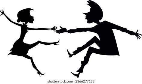 Romantic dancing young couple. 
Art silhouette. Funny dancing young man and woman. Black and white
