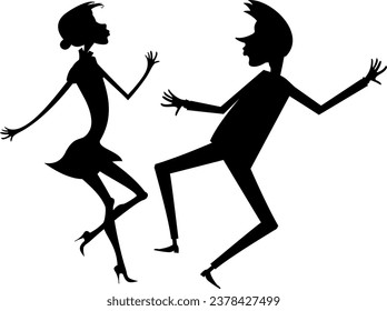 Romantic dancing young couple. 
Art silhouette. Funny dancing young man and woman. Black and white
