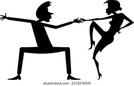 Romantic dancing young couple. Art silhouette. 
Happy dancing young man and woman. Black on white background
