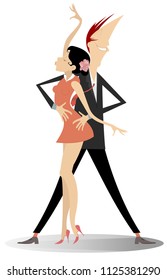 Romantic dancing young couple illustration isolated. Funny dancing young man and woman isolated on white illustration vector
