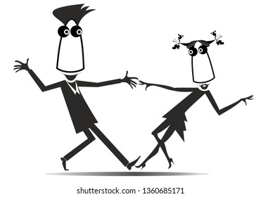 Romantic dancing young couple illustration isolated. Funny dancing young man and woman black on white illustration
