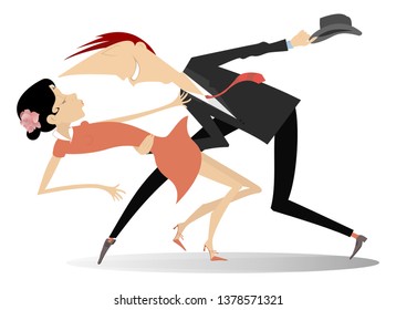 Romantic dancing young couple illustration isolated. Funny dancing young man holds woman by the waist and gets off his hat isolated on white illustration
