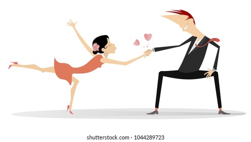 Romantic dancing young man holds woman by hand isolated on white illustration vector