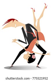 Romantic dancing young man holds woman head over heels isolated on white vector illustration