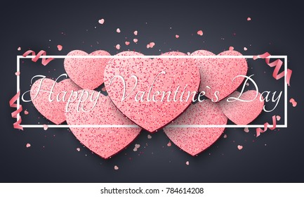 Romantic dark background for Valentines day. Light pink hearts of glitters. Luxury card for Valentines day. Curl ribbons and confetti. Be my Valentine. Vector illustration.