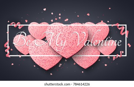 Romantic dark background for Valentines day. Light pink hearts of glitters. Luxury card for Valentines day. Curl ribbons and confetti. Abstract white advertising banner with text. Vector illustration.