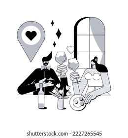 Romantic date abstract concept vector illustration. First date, romantic relationship, love story, Valentine day, give flower, couple fine dinning, celebrate dating anniversary abstract metaphor.