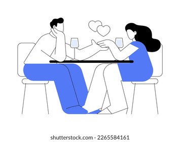 Ilustración vectorial de concepto abstracto de fecha romántica. Primera cita, relación romántica, historia de amor, Día de San Valentín, dar flores, cena fina de pareja, celebrar citas aniversario metáfora abstracta.