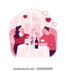 Ilustración vectorial de concepto abstracto de fecha romántica. Primera cita, relación romántica, historia de amor, Día de San Valentín, dar flores, cena fina de pareja, celebrar citas aniversario metáfora abstracta.