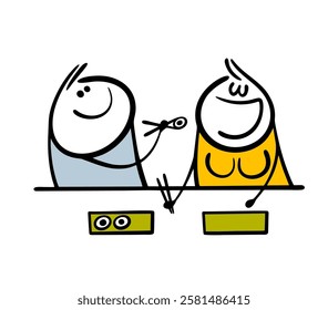 Romantic date at an Asian cuisine restaurant. Vector illustration of stickman holding Japanese sushi with chopsticks and feeding his girlfriend. The woman opened her mouth. Isolated funny characters.