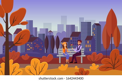 Romantic date, autumn city leisure vector illustration. Young couple sitting on bench together, girlfriend and boyfriend with flower bouquet flat characters. Cityscape, evening outdoor walk