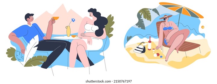 Romantic date by seaside and mountains view, man and woman drinking coffee at dinner. Female character sunbathing and enjoying wine, lady laying under umbrella at beach. Vector in flat style