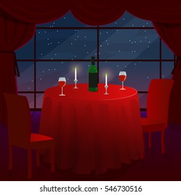 A Romantic Date In A Cafe. A Romantic Dinner For Two. A Table With A Red Cloth. The Stars Outside The Window. Vector Illustration.