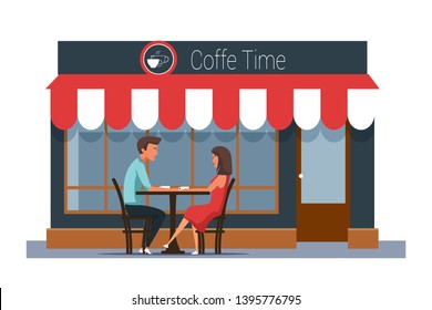 Romantic date in cafe flat vector illustration. Husband and wife cartoon characters. Couple sitting together, cafeteria outdoor seating. Valentine day, anniversary celebration. Romantic relationship