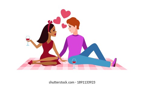 Romantic date. Cartoon young couple characters on picnic, man and woman sitting on blanket together and drinking wine, love and relationship concept flat cartoon vector isolated on white illustration