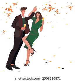 Romantic date celebration. Valentine's Day. New Year's Day, Birthday Celebrate the anniversary. A couple in love celebrates their engagement. Elegant couple drinking champagne isolated on white.Succes