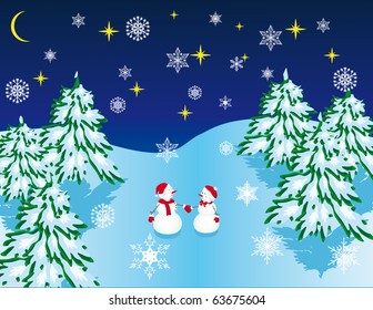 A romantic date in the Christmas forest. Vector illustration