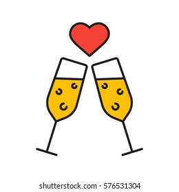 Romantic date color icon. Toasting champagne glasses with heart shape above. Isolated vector illustration