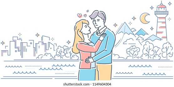Romantic date - colorful line design style illustration on white background. High quality composition with a happy young man and woman hugging, mountains, lighthouse, moon, skyscrapers