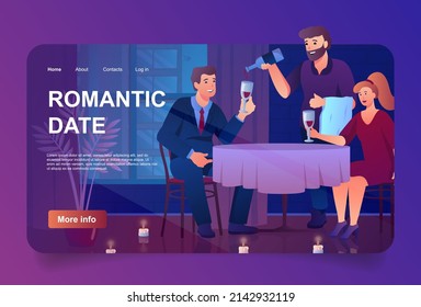 Romantic date concept in cartoon design for landing page. Loving man and woman drinking wine sitting at table in restaurant. Couple meeting at cafe. Vector illustration with people for web homepage