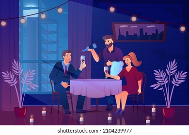 Romantic date concept in flat cartoon design. Loving man and woman drinking wine sitting at table in restaurant. Romantic evening in cafe for couple. Vector illustration with people scene background