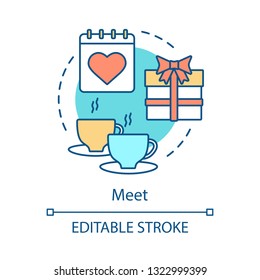 Romantic date concept icon. Anniversary idea thin line illustration. Dating, love meeting, appointment. Valentine’s day. Gift, calendar with heart. Vector isolated outline drawing. Editable stroke