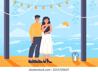 Romantic date concept. Man and woman on shore of sea or lake. Young couple in love in nature. Valentines day greeting card design. Help, romance and support. Cartoon flat vector illustration