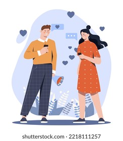 Romantic date concept. Man and woman communicate in smartphones, chat in social networks and instant messengers. Dating app, modern technology. Young couple outdoor. Cartoon flat vector illustration